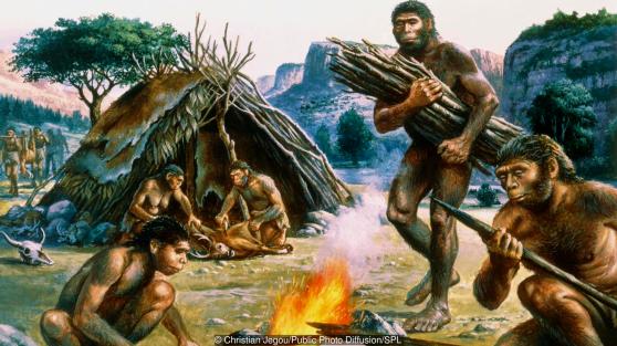 Tribe of homo erectus making weapons
